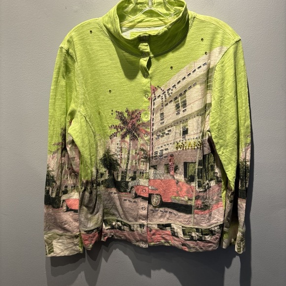 Onque Casuals‎ Lightweight Art Jacket Snap Button Vegas Colorful Palm Springs M - Picture 2 of 11